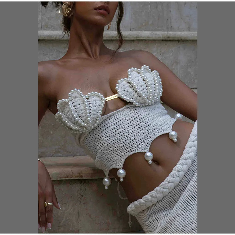 Crochet Knitted Pearl Bra Skirt Women Suit Backless Hollow Out Short Top Twists Long Skirt 2025 Summer Beach Holiday Female Set