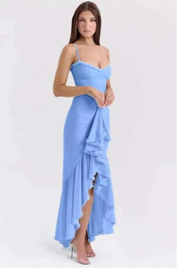 Suninheart Irregular Mesh Party Dresses 2025 New Arrivals Spaghetti Strap Bodycon Dress Fashion Ruched Long Dress Women