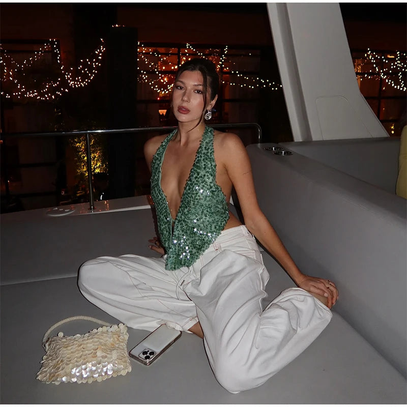 Sequins Halter Hollow Out Dress Women's Sexy Backless Sleeveless Contrast Color Mini Dresses 2025 Summer New Lady Beach Robes