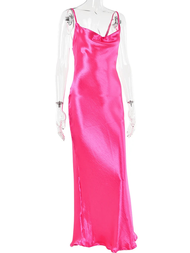 Articat Gold Satin Lace Up Sexy Party Dress Women Strap Backless Silk Long Dress Elegant Club Evening Soft Winter Dress Vestidos