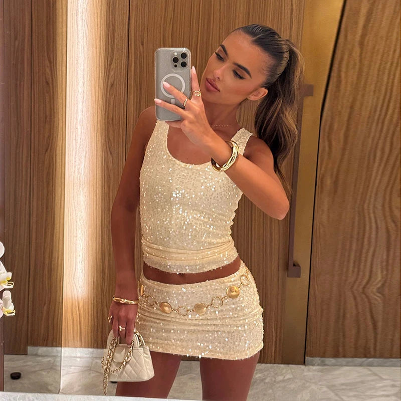Sexy Sequined Mini Skirt Set Women Square Collar Sleeveless Sling Top A-line Skirts 2025 Spring Summer Lady High Street Outfits