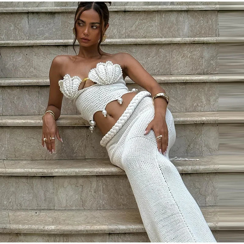 Crochet Knitted Pearl Bra Skirt Women Suit Backless Hollow Out Short Top Twists Long Skirt 2025 Summer Beach Holiday Female Set