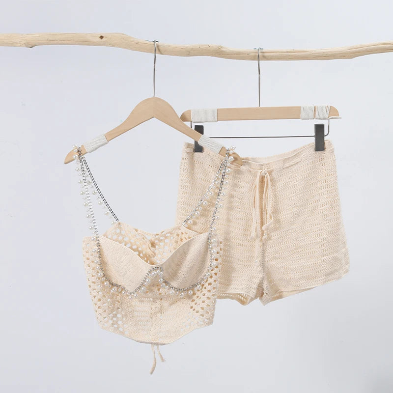 Sexy Beading Crochet Crop Vest Shorts Sets Women Slim Hollow Out Strapless Tops Drawstring Pants 2025 Summer Lady Beach Outfits