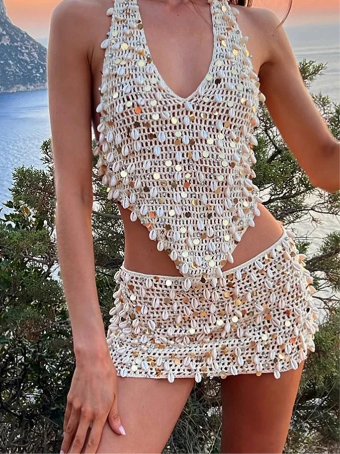 Sexy Hollow Out Sequined Knitted Skirts Sets Women Halter Sleeveless Top Mini A-line Skirt 2025 Summer Lady Chic Beach Robes New