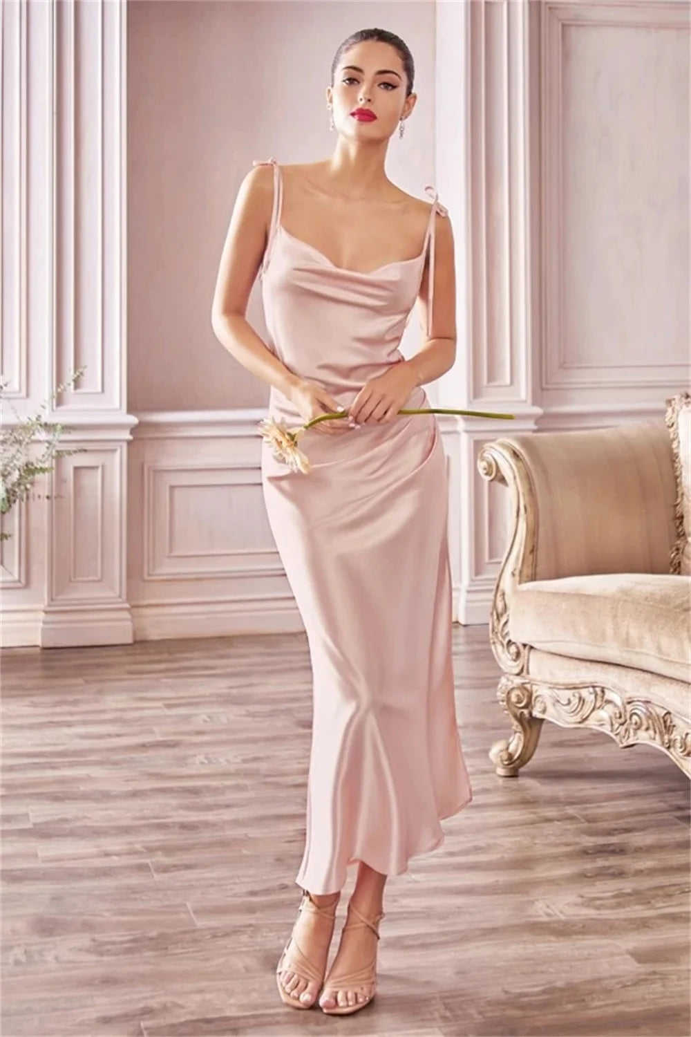 MisShow Sage Green Cowl Neck Satin Bandage Midi Summer Dresses for Women Sexy High Slit Tie Straps Evening Dress for Bridesmaid