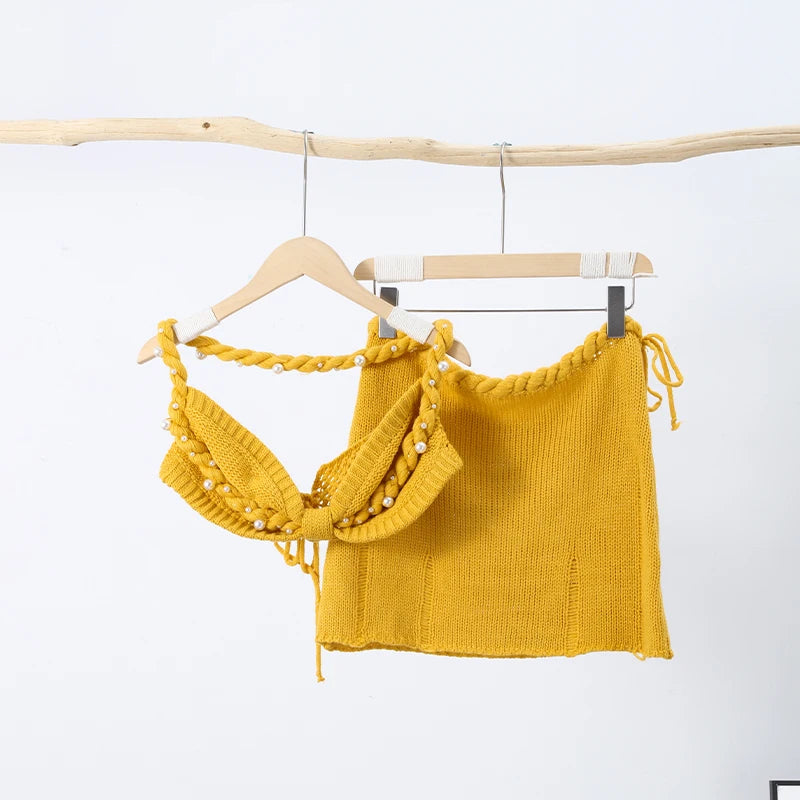 Sexy Beading Halter Bikini Mini Skirt Sets Women Crochet Crop Top High Waist Hip Package Skirts 2024 Summer Solid Lady Outfit