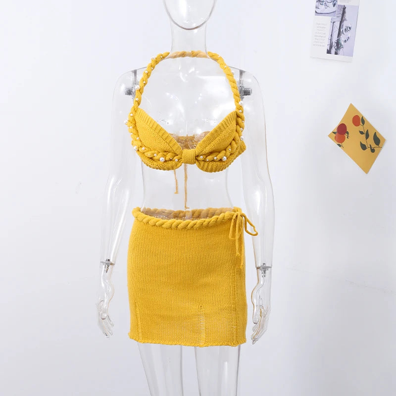 Sexy Beading Halter Bikini Mini Skirt Sets Women Crochet Crop Top High Waist Hip Package Skirts 2024 Summer Solid Lady Outfit