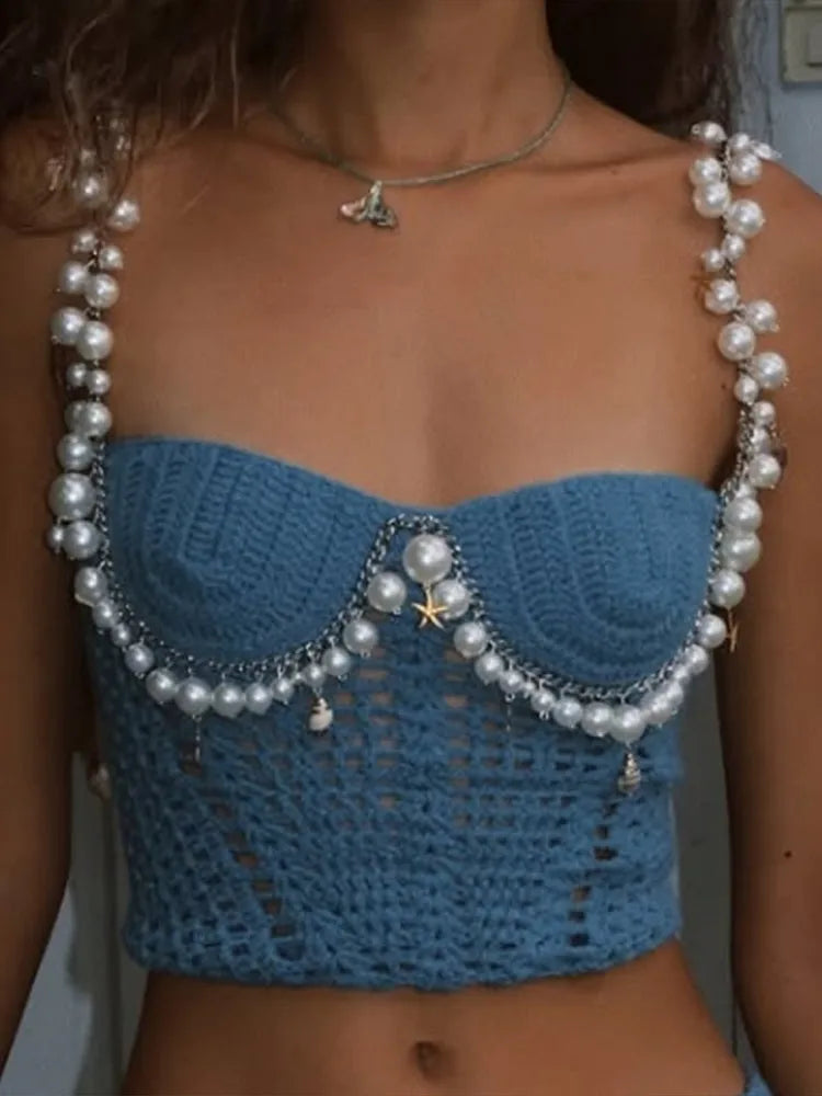 Sexy Beading Crochet Crop Vest Shorts Sets Women Slim Hollow Out Strapless Tops Drawstring Pants 2025 Summer Lady Beach Outfits