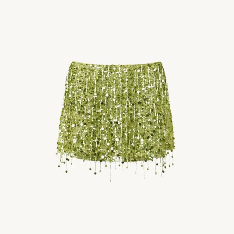 Sexy Sequins Tassel Skirt Sets Women Sling Crop Tops Hip Package A-line Short Skirts 2025 Summer Chic Beach Party Outfits Lady