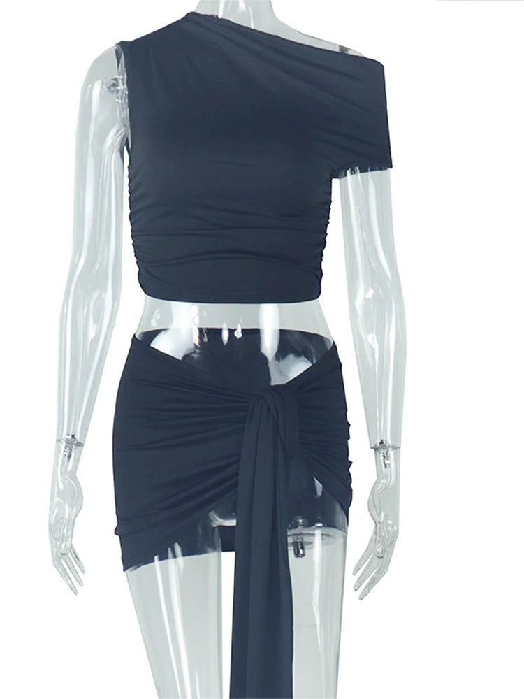 Weird Puss Hottie Ruched 2 Piece Set Women o-Neck Sleeveless Crop Tops+Skinny Bandage Tassel Skirts Matching Elegant Trend Suits