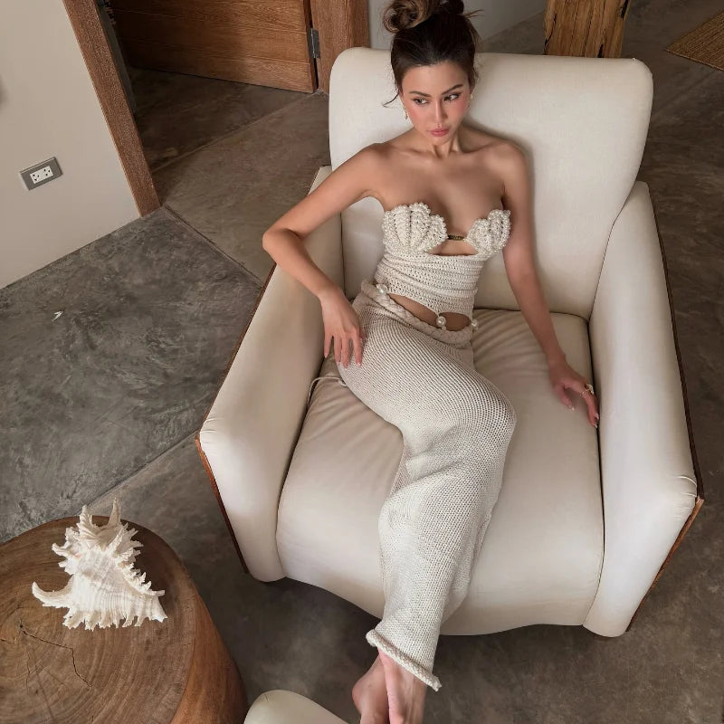 Crochet Knitted Pearl Bra Skirt Women Suit Backless Hollow Out Short Top Twists Long Skirt 2025 Summer Beach Holiday Female Set