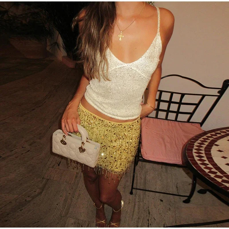 Sexy Sequins Tassel Skirt Sets Women Sling Crop Tops Hip Package A-line Short Skirts 2025 Summer Chic Beach Party Outfits Lady