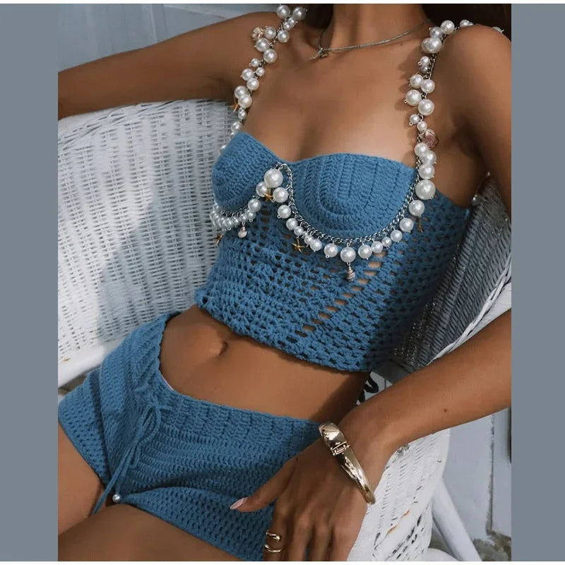 Sexy Beading Crochet Crop Vest Shorts Sets Women Slim Hollow Out Strapless Tops Drawstring Pants 2025 Summer Lady Beach Outfits