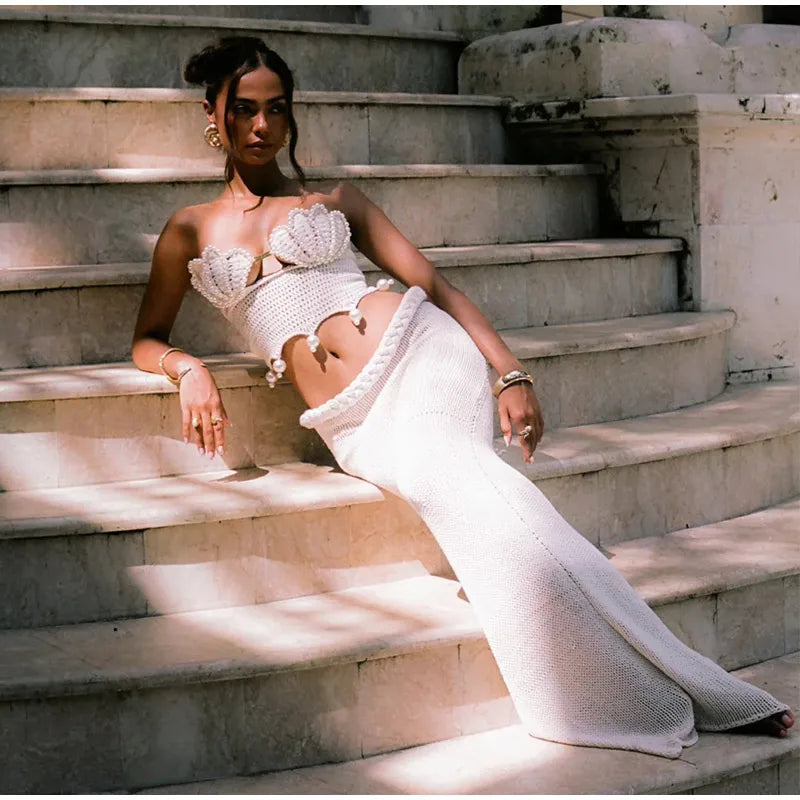 Crochet Knitted Pearl Bra Skirt Women Suit Backless Hollow Out Short Top Twists Long Skirt 2025 Summer Beach Holiday Female Set