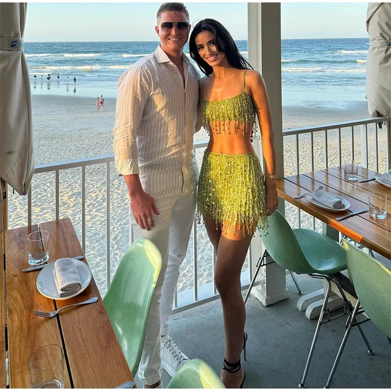 Sexy Sequins Tassel Skirt Sets Women Sling Crop Tops Hip Package A-line Short Skirts 2025 Summer Chic Beach Party Outfits Lady