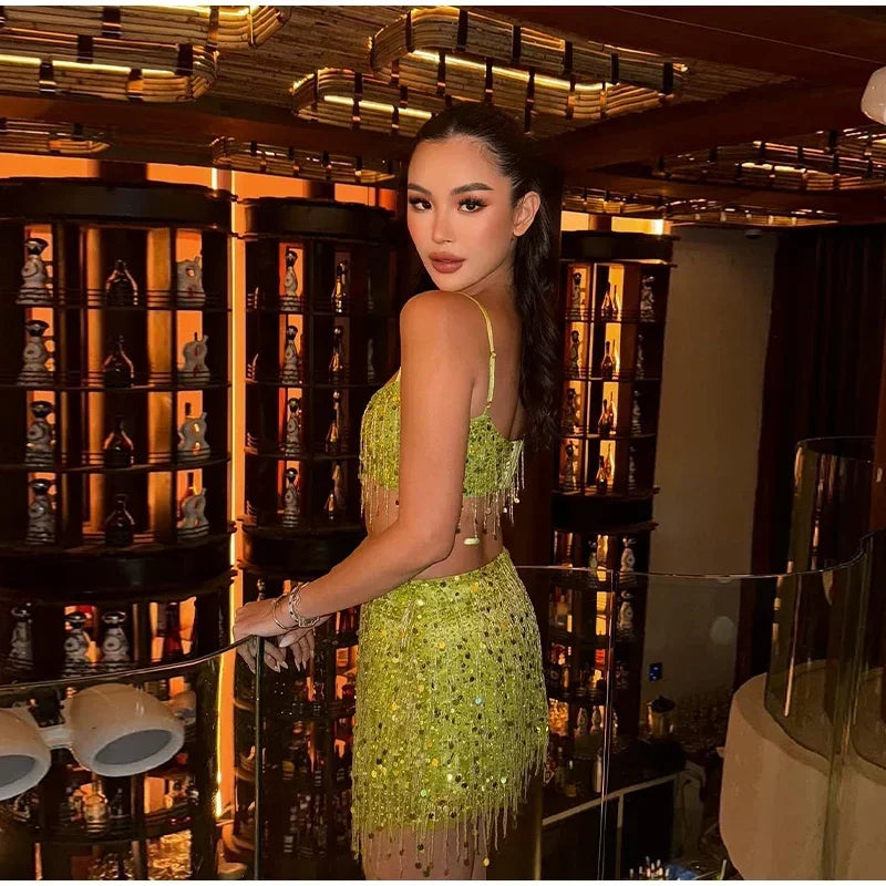Sexy Sequins Tassel Skirt Sets Women Sling Crop Tops Hip Package A-line Short Skirts 2025 Summer Chic Beach Party Outfits Lady
