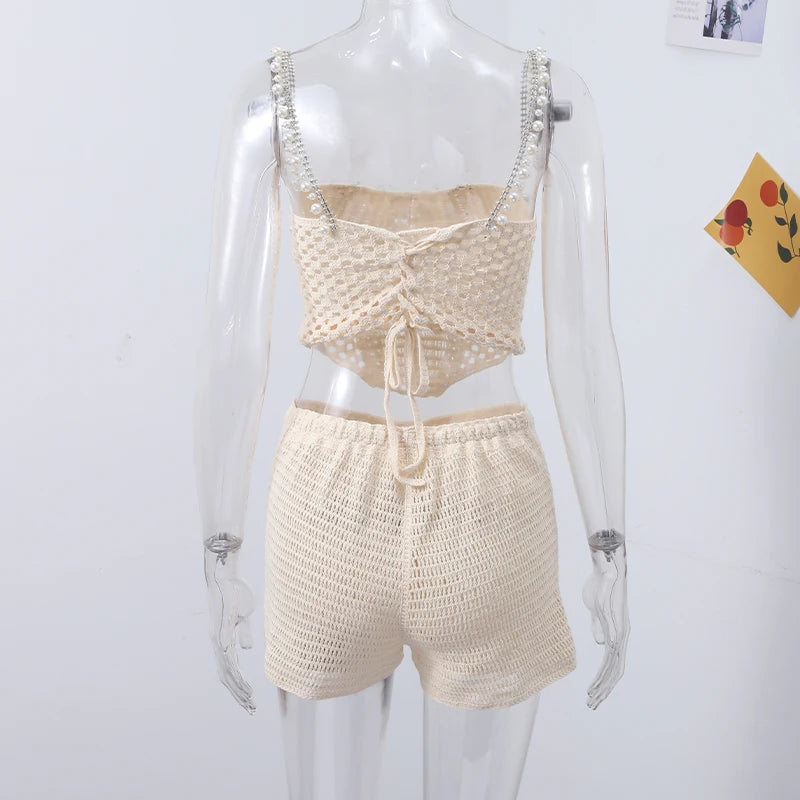 Sexy Beading Crochet Crop Vest Shorts Sets Women Slim Hollow Out Strapless Tops Drawstring Pants 2025 Summer Lady Beach Outfits