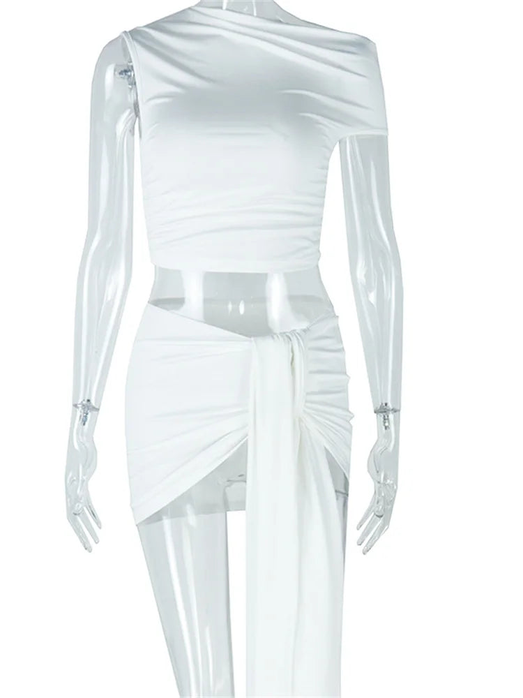 Weird Puss Hottie Ruched 2 Piece Set Women o-Neck Sleeveless Crop Tops+Skinny Bandage Tassel Skirts Matching Elegant Trend Suits