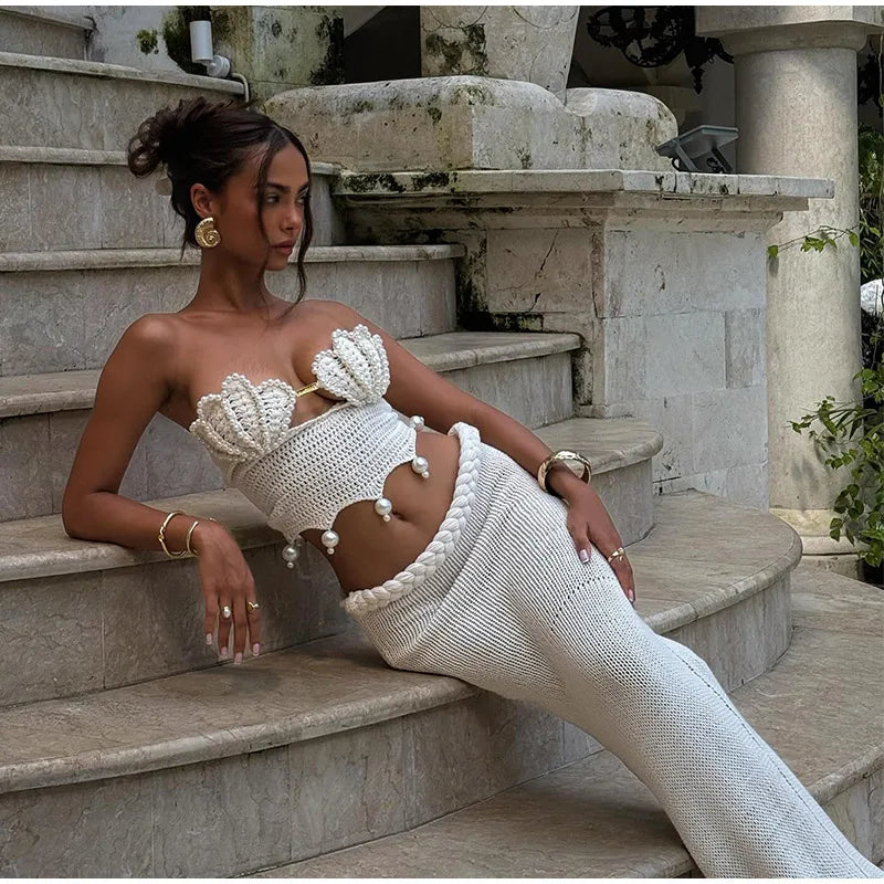 Crochet Knitted Pearl Bra Skirt Women Suit Backless Hollow Out Short Top Twists Long Skirt 2025 Summer Beach Holiday Female Set