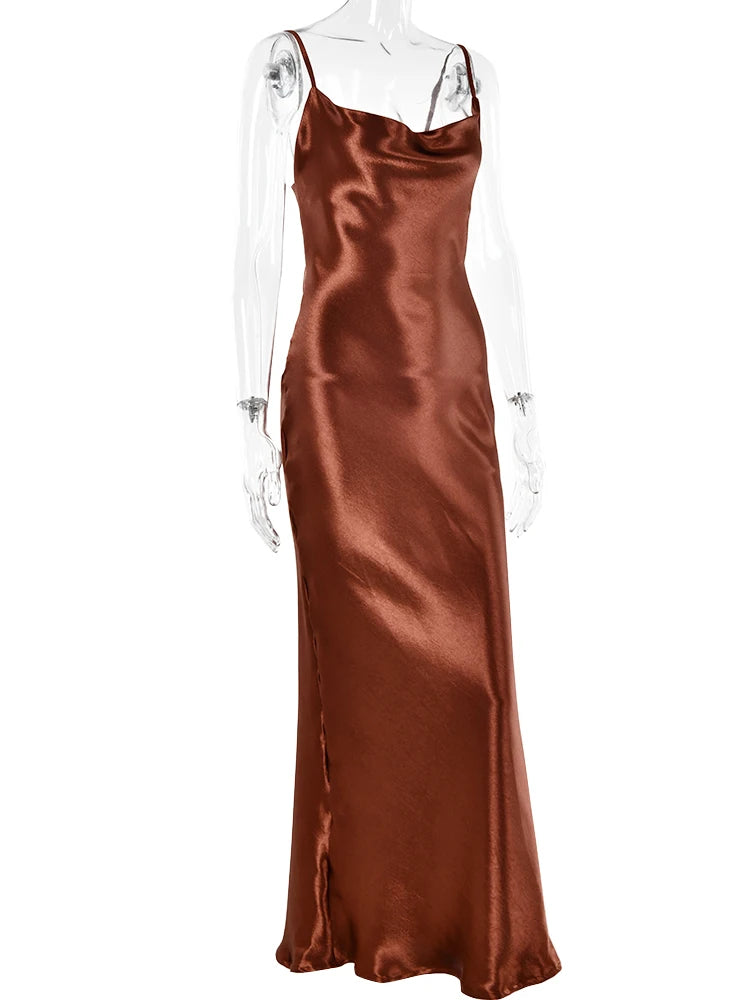Articat Gold Satin Lace Up Sexy Party Dress Women Strap Backless Silk Long Dress Elegant Club Evening Soft Winter Dress Vestidos