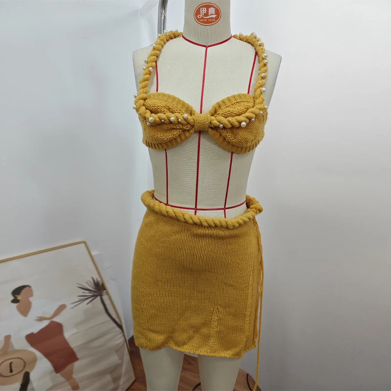 Sexy Beading Halter Bikini Mini Skirt Sets Women Crochet Crop Top High Waist Hip Package Skirts 2024 Summer Solid Lady Outfit