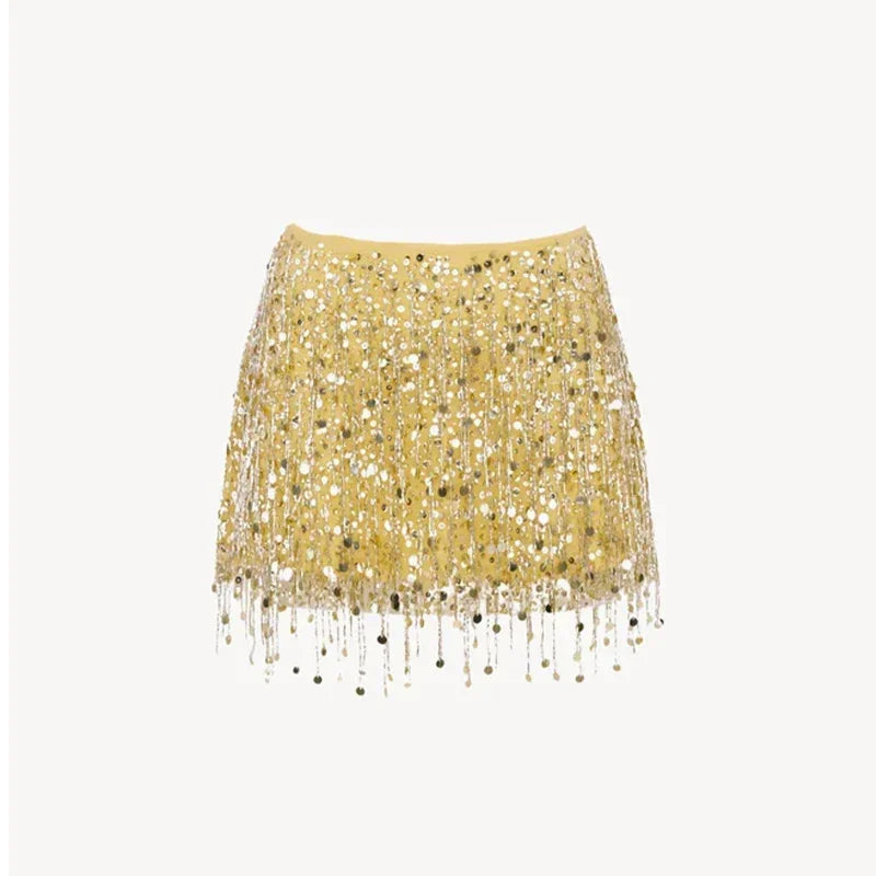 Sexy Sequins Tassel Skirt Sets Women Sling Crop Tops Hip Package A-line Short Skirts 2025 Summer Chic Beach Party Outfits Lady