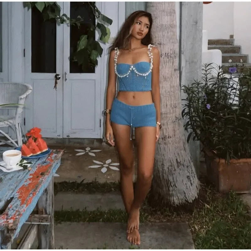 Sexy Beading Crochet Crop Vest Shorts Sets Women Slim Hollow Out Strapless Tops Drawstring Pants 2025 Summer Lady Beach Outfits