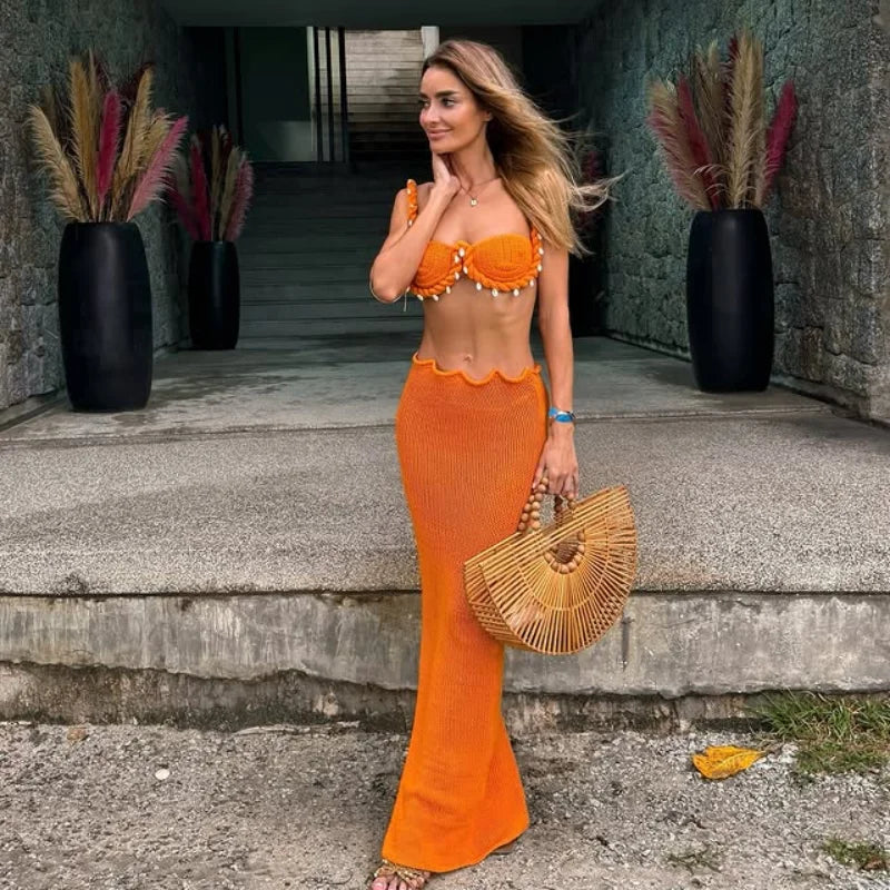 Sexy Beading Halter Bikini Mini Skirt Sets Women Crochet Crop Top High Waist Hip Package Skirts 2024 Summer Solid Lady Outfit