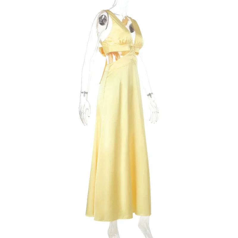 Tornova Deep V neck Hollow Long Dress Female Sleeveless Slit Beach Vacation Dress Solid Color High Waist Bodycon Women's Dress