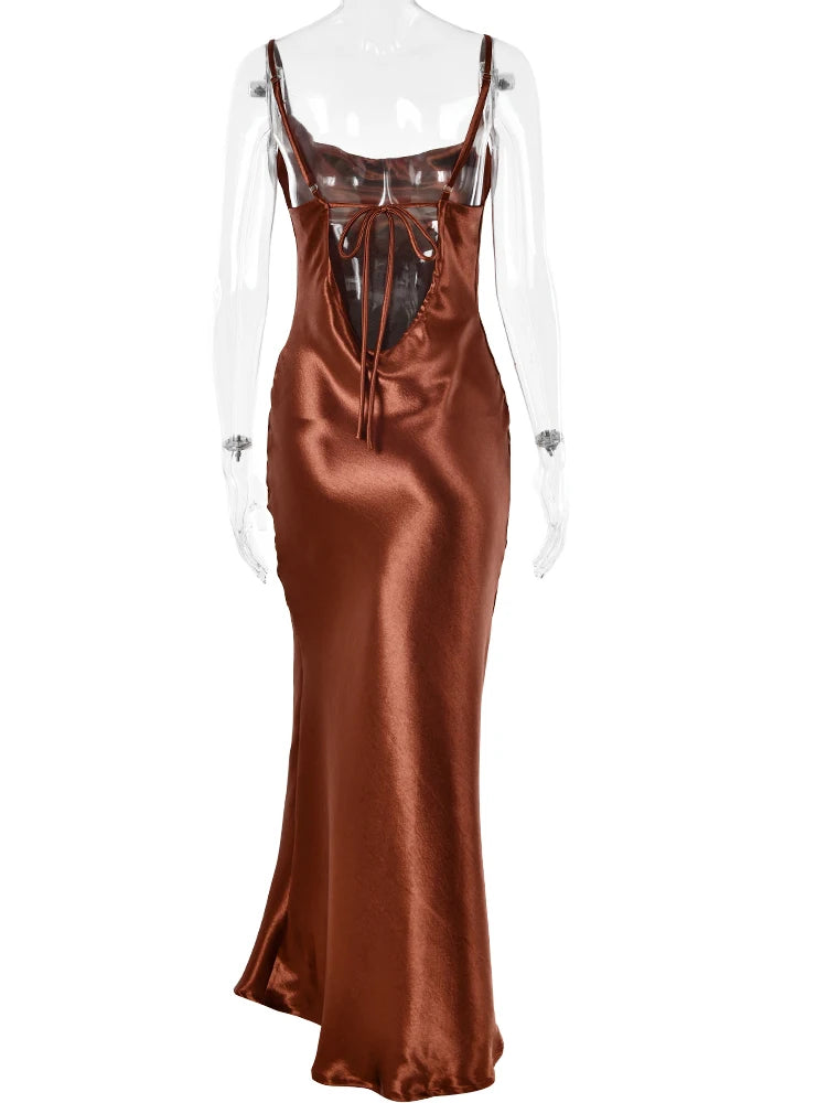 Articat Gold Satin Lace Up Sexy Party Dress Women Strap Backless Silk Long Dress Elegant Club Evening Soft Winter Dress Vestidos
