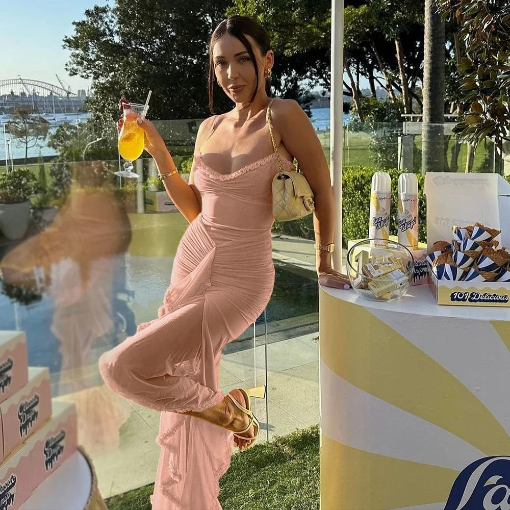 Suninheart Irregular Mesh Party Dresses 2025 New Arrivals Spaghetti Strap Bodycon Dress Fashion Ruched Long Dress Women