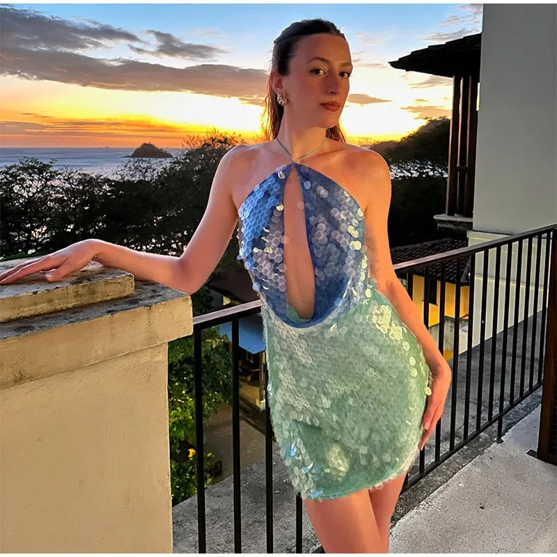 Sequins Halter Hollow Out Dress Women's Sexy Backless Sleeveless Contrast Color Mini Dresses 2025 Summer New Lady Beach Robes