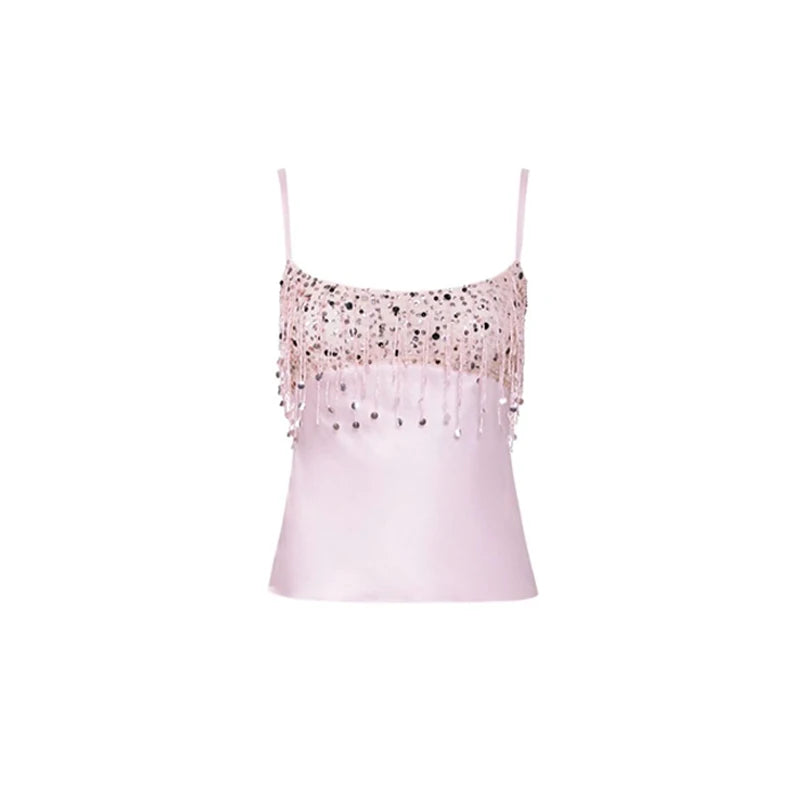 Sexy Sequins Tassel Skirt Sets Women Sling Crop Tops Hip Package A-line Short Skirts 2025 Summer Chic Beach Party Outfits Lady