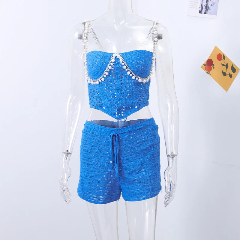 Sexy Beading Crochet Crop Vest Shorts Sets Women Slim Hollow Out Strapless Tops Drawstring Pants 2025 Summer Lady Beach Outfits