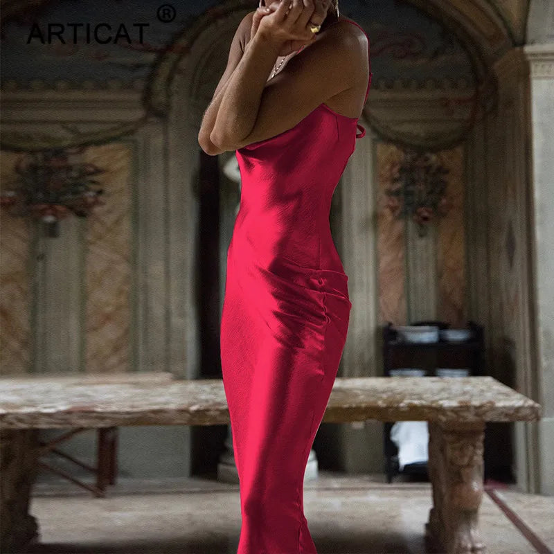 Articat Gold Satin Lace Up Sexy Party Dress Women Strap Backless Silk Long Dress Elegant Club Evening Soft Winter Dress Vestidos
