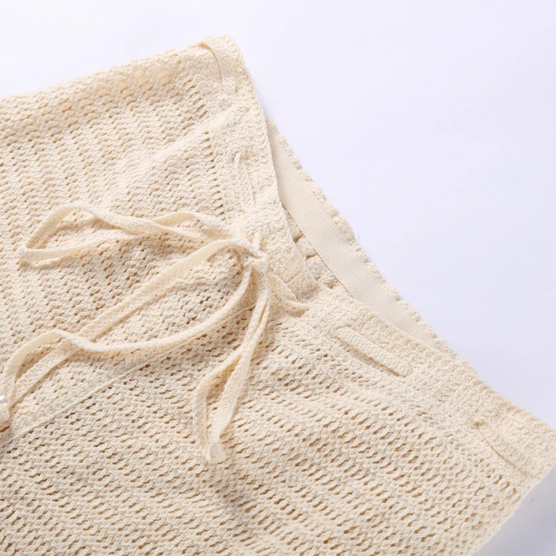 Sexy Beading Crochet Crop Vest Shorts Sets Women Slim Hollow Out Strapless Tops Drawstring Pants 2025 Summer Lady Beach Outfits