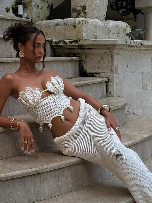 Crochet Knitted Pearl Bra Skirt Women Suit Backless Hollow Out Short Top Twists Long Skirt 2025 Summer Beach Holiday Female Set