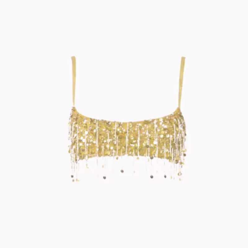 Sexy Sequins Tassel Skirt Sets Women Sling Crop Tops Hip Package A-line Short Skirts 2025 Summer Chic Beach Party Outfits Lady